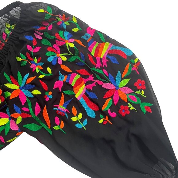 SIZE M Roja Mexican Style Embroidered Black Sheer Peasant Top Folk Art Otomi - Picture 6 of 10